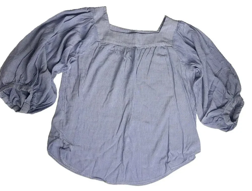 LOFT Women's S Blue White Striped Square Neck Smocked Puff Sleeve Blouse